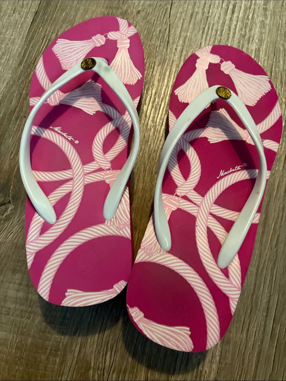 Pink Rope-Print Flip Flops with White Straps